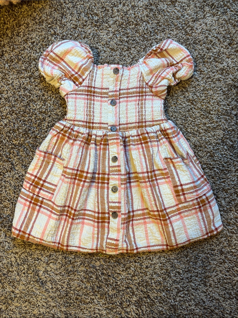 Cat & Jack Pink, Cream and Tan Plaid Puff-Sleeve Button Dress with Pockets